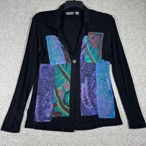 Chico's Travelers Blouse Women's Small Black Colorful Patchwork Artsy Boho Indie